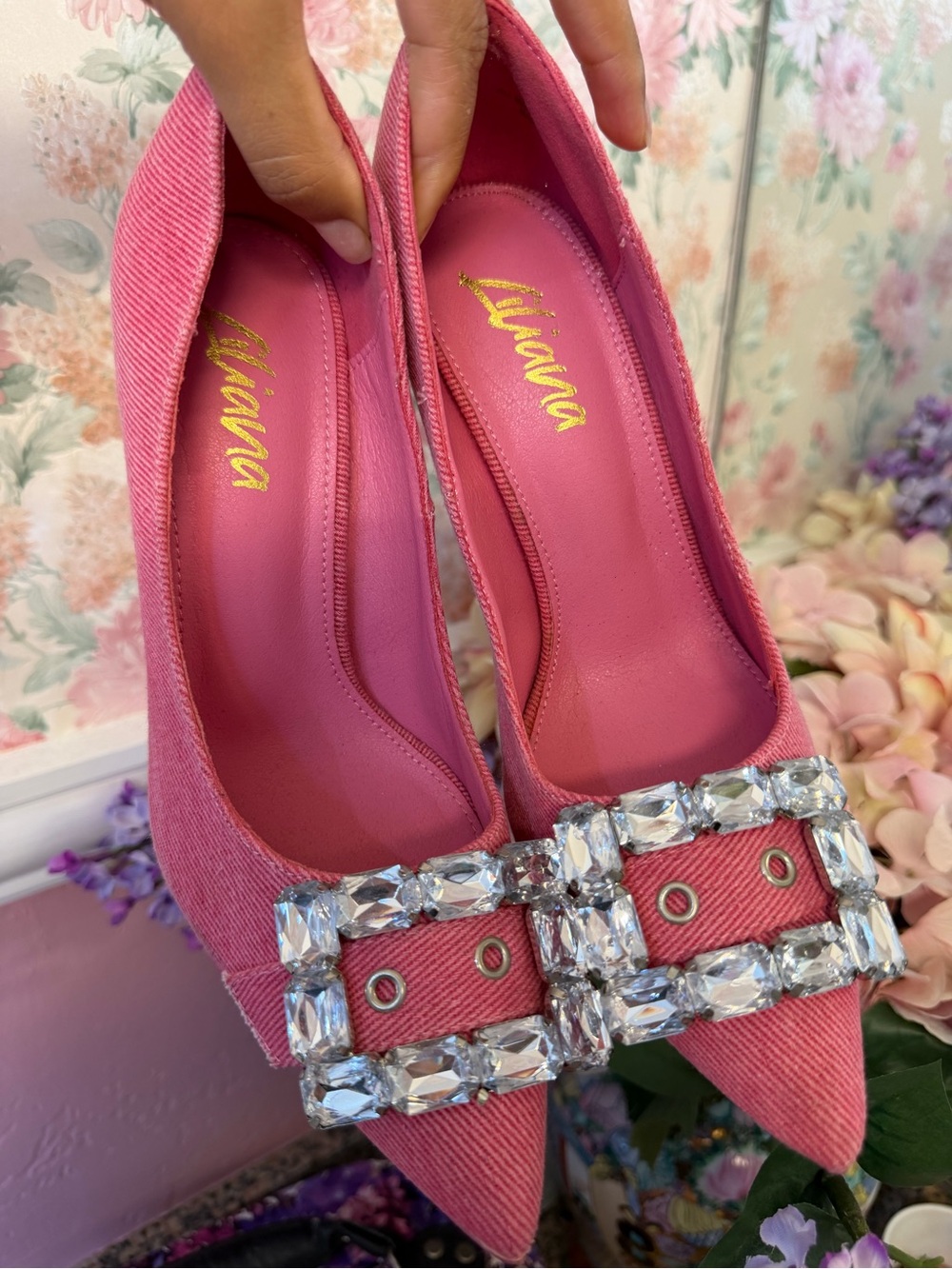 Liliana Pink Pointed Toe Flats with Crystal Buckle